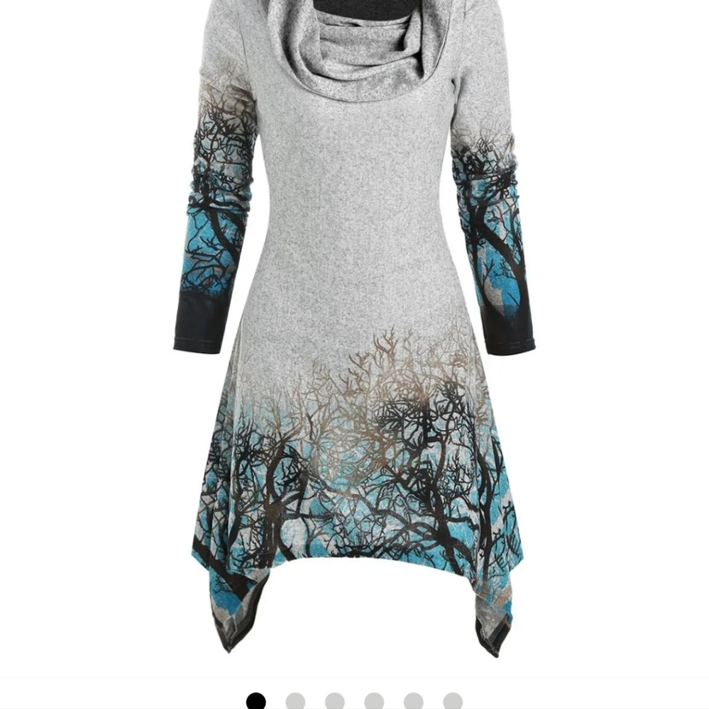 Trees In Winter Cowl Neck Asymmetrical Tunic Dress Dressfo Slim W XL (US 10) - Picture 14 of 16